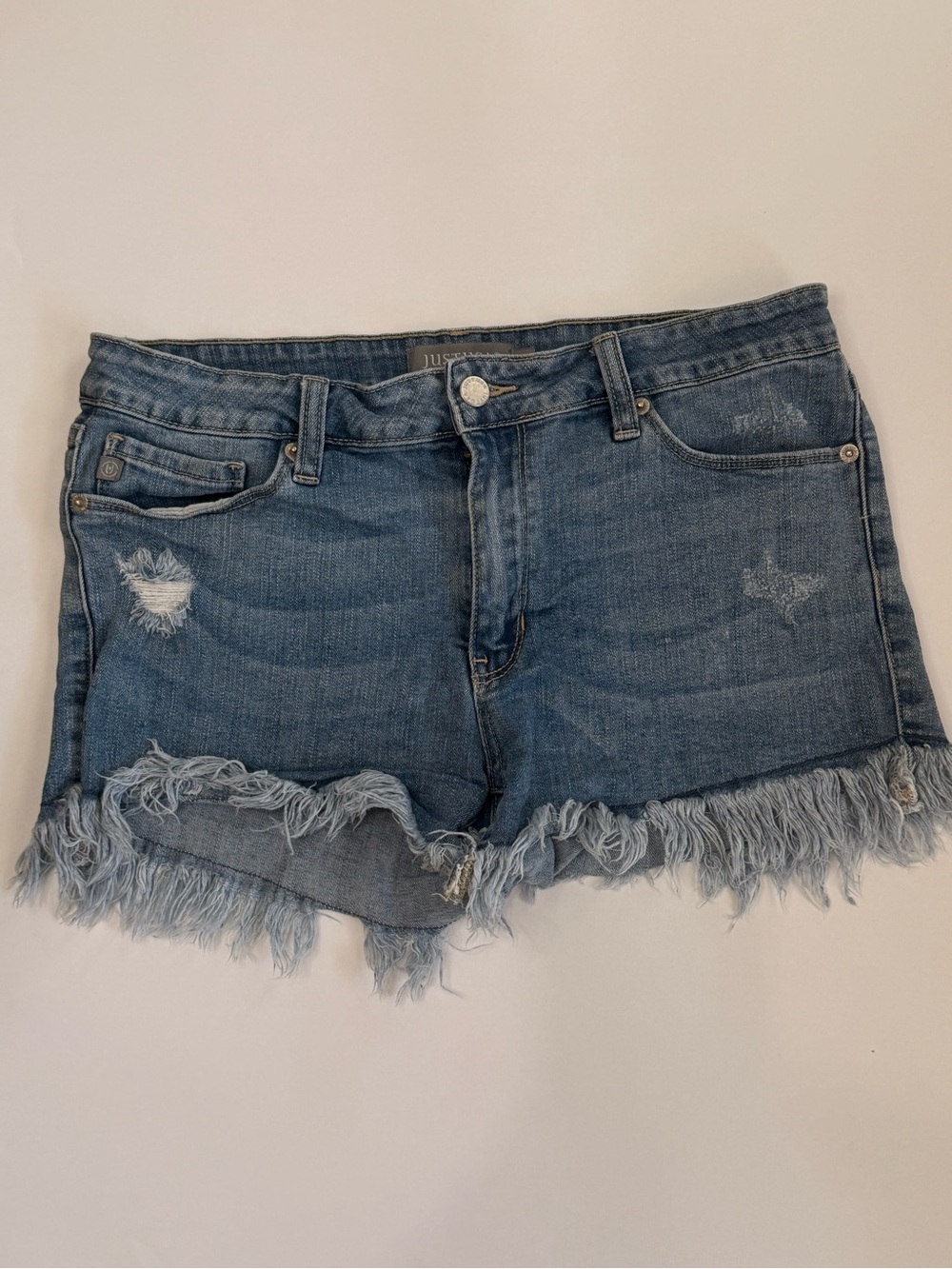 Just USA Distressed Light Blue Denim Shorts with Frayed Hem